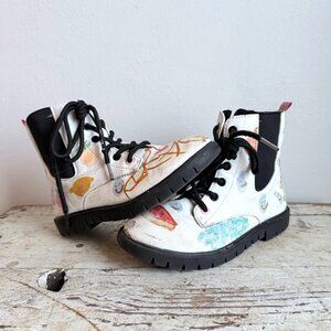 Sugar Girls 13 White Faux Leather Lace Up Mid Calf Combat Boots Original Artwork